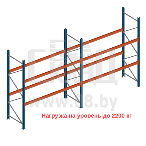 Паллетный стеллаж 3000×2700+2700×1050мм/2 уровня на балках, нагрузка  на уровень до 2200 кг