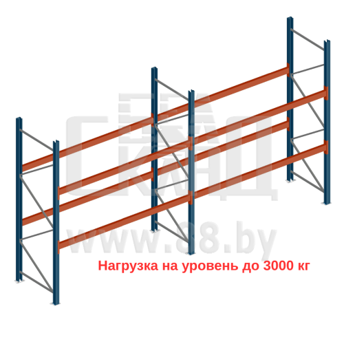 Паллетный стеллаж 3000×2700+2700×1050мм/2 уровня на балках, нагрузка  на уровень до 3000 кг